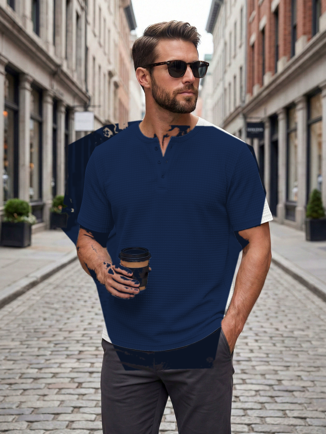 Navy men's waffle knit short sleeve henley tee