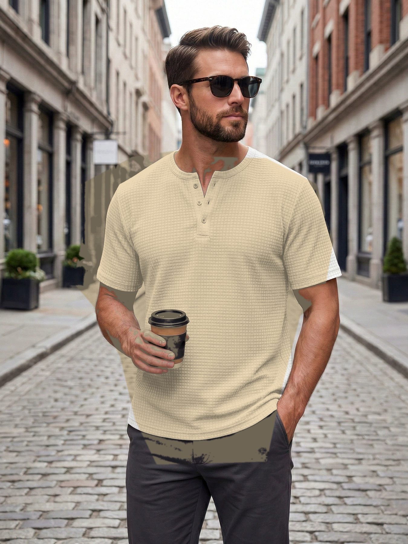 Oatmeal men's waffle knit short sleeve henley tee