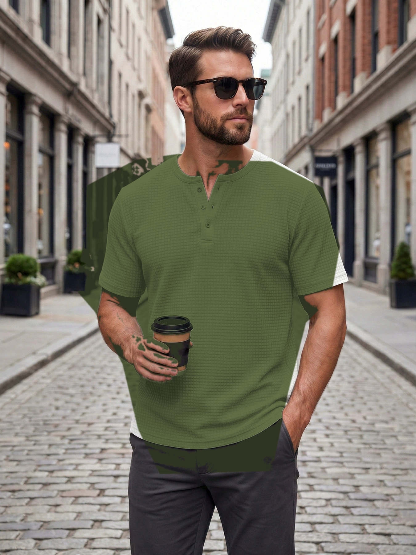 Olive men's waffle knit short sleeve henley tee
