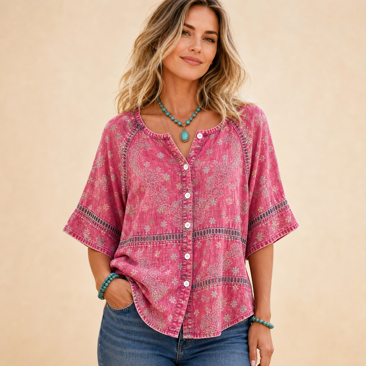 Pink women's western boho paisley button top