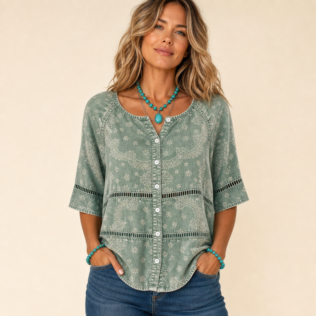 Sage women's western boho paisley button top