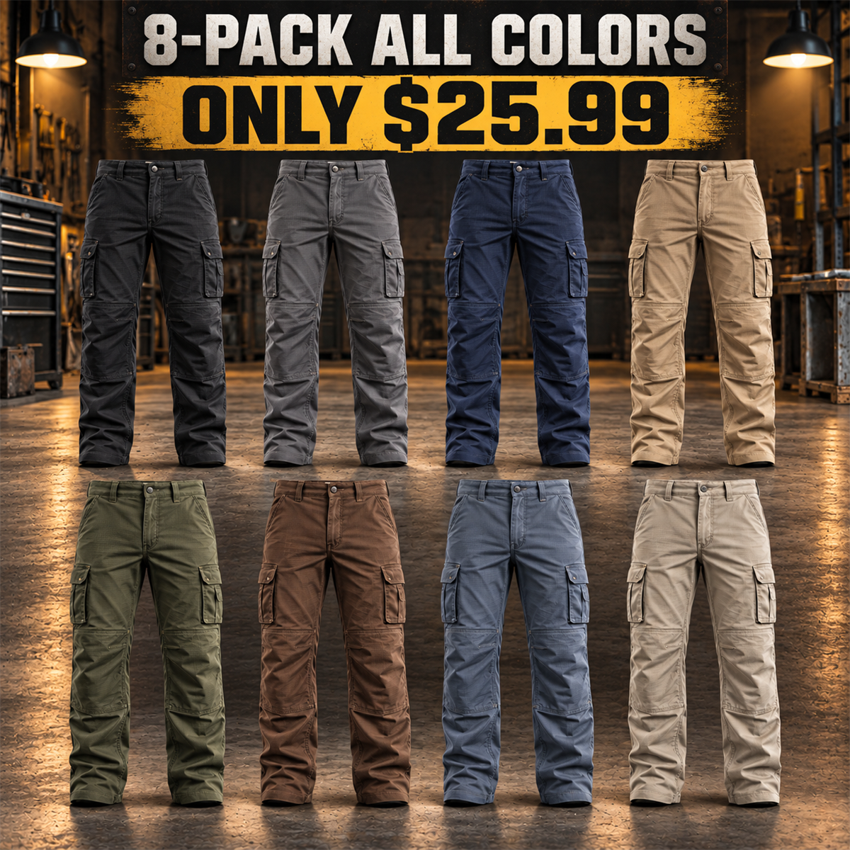 8-Pack - All 8 Colors Men's Stretch Ripstop Multi-Pocket Work Pants Multipacks