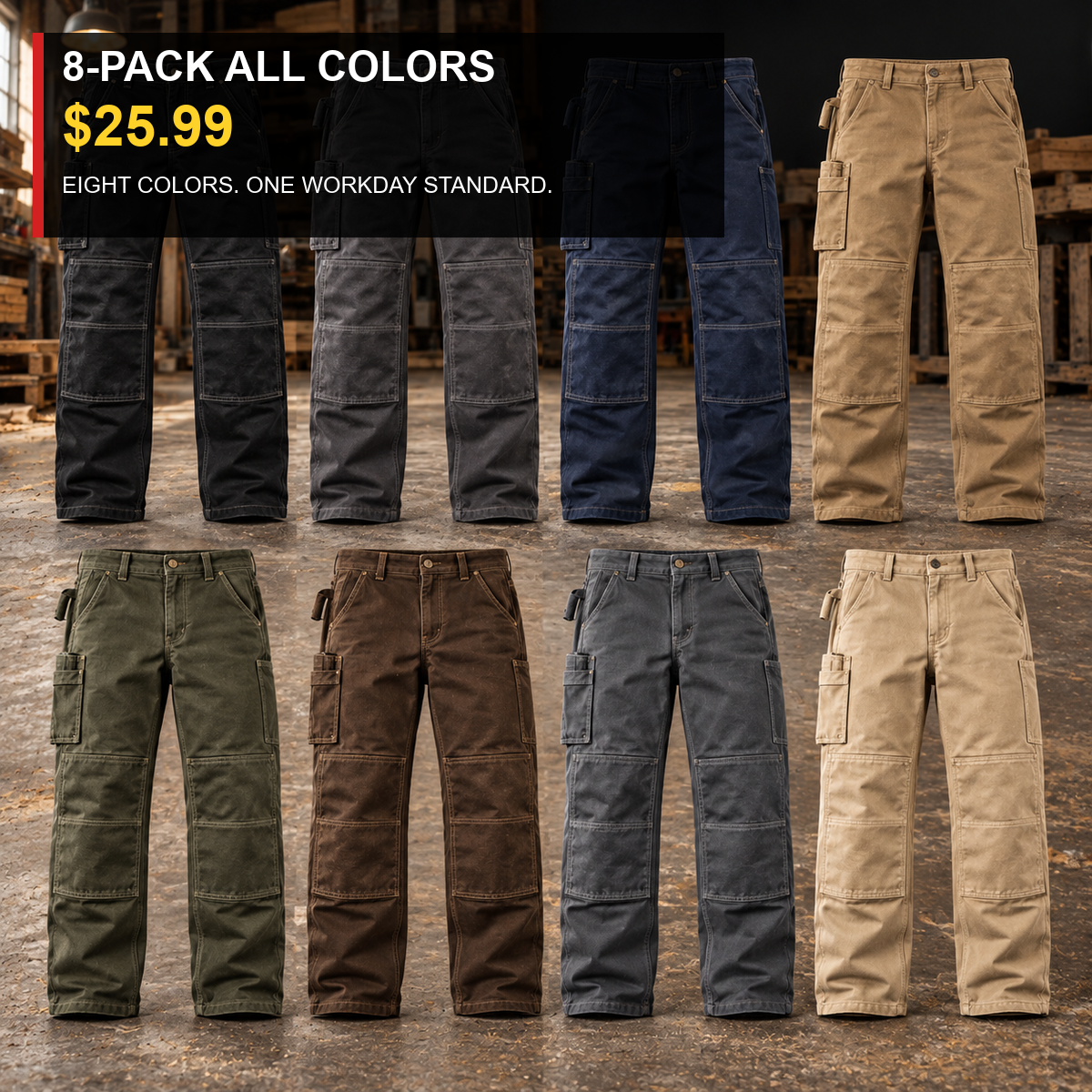 8-Pack - All 8 Colors Men's Double-Knee Reinforced Work Pants Multipacks