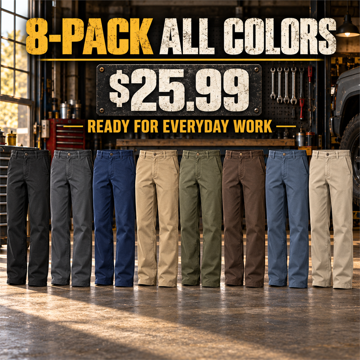 8-Pack - All 8 Colors Men's Relaxed Straight Cotton Work Pants Multipacks