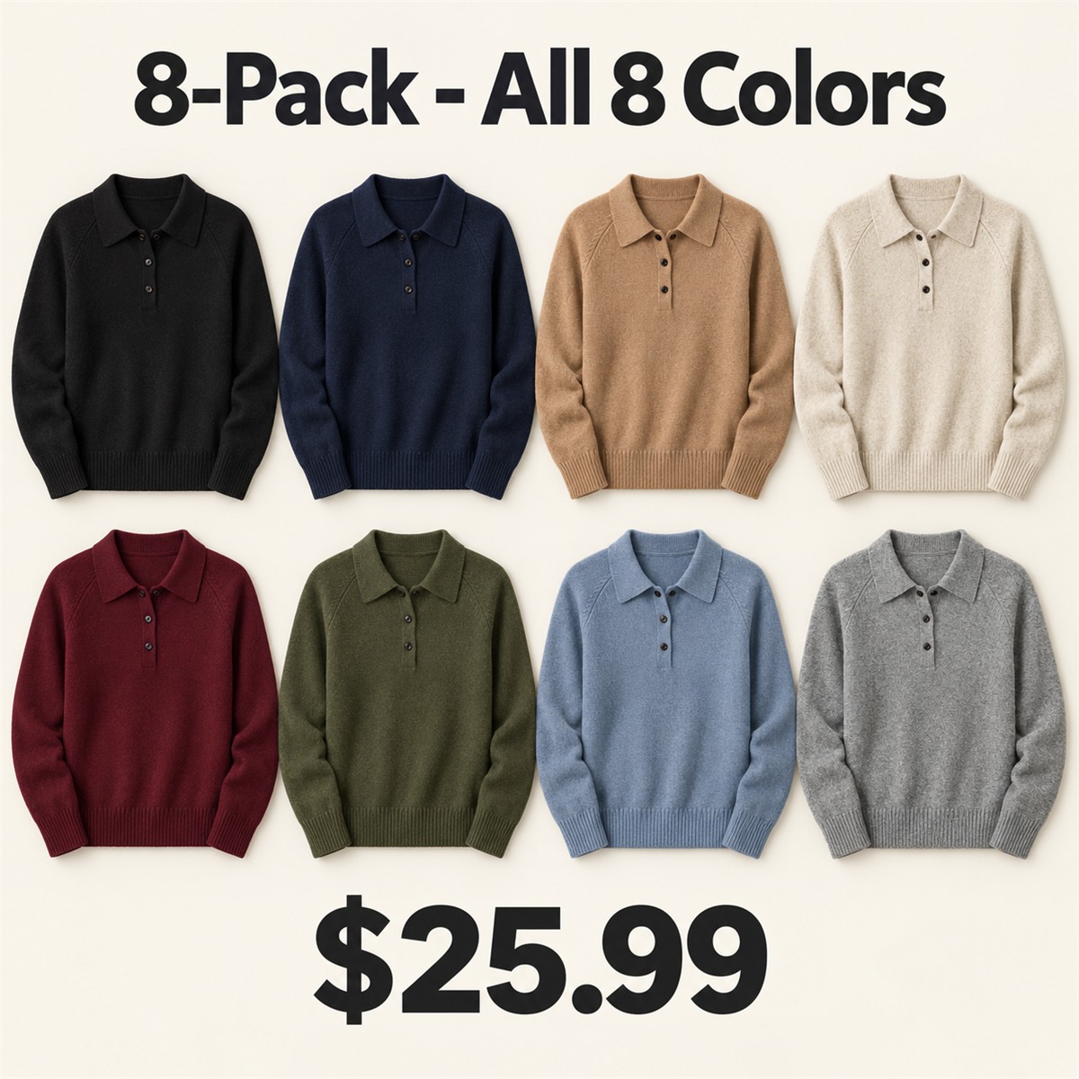 8-Pack - All 8 Colors Women's Long-Sleeve Knit Polo Sweater 8-Packs