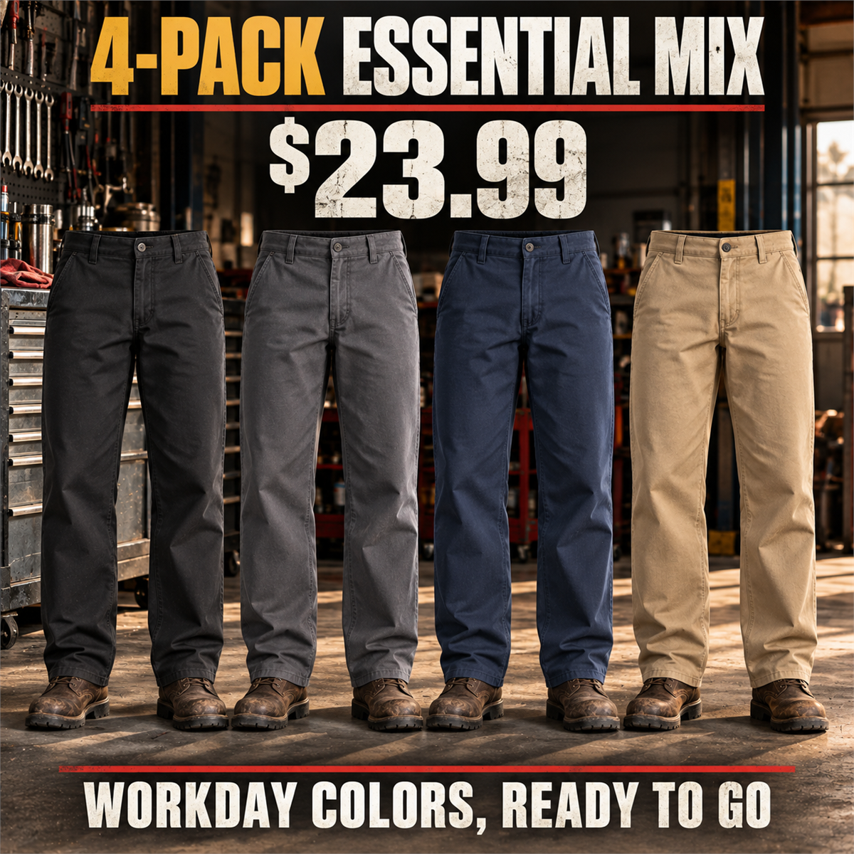 4-Pack - Everyday Neutrals Men's Relaxed Straight Cotton Work Pants Multipacks