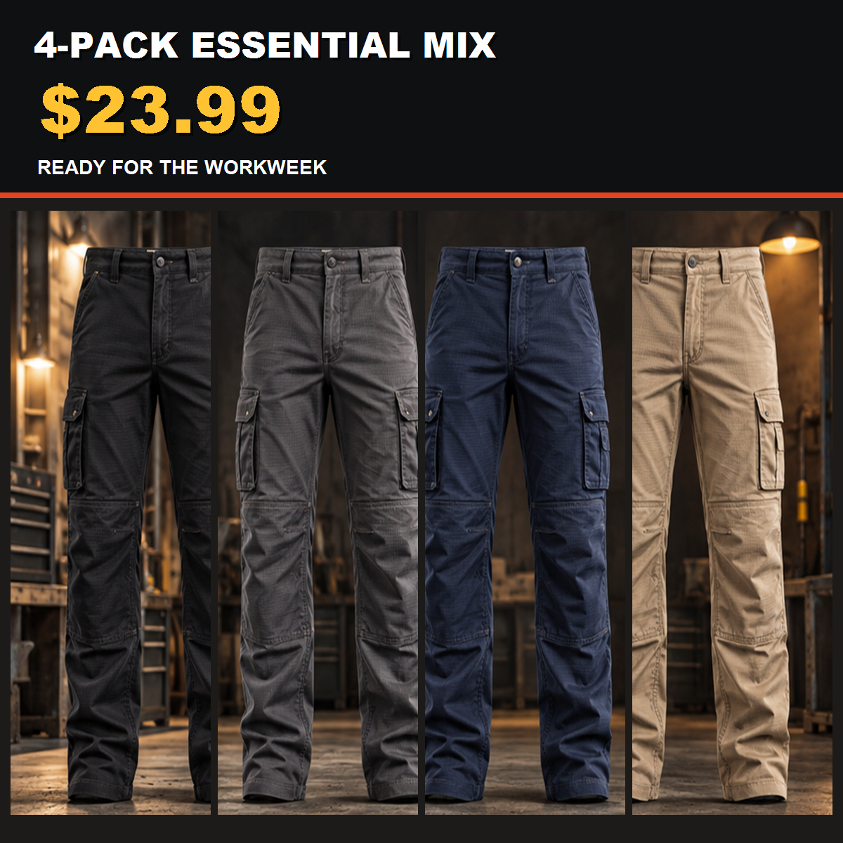 4-Pack - Core Work Colors Men's Stretch Ripstop Multi-Pocket Work Pants Multipacks