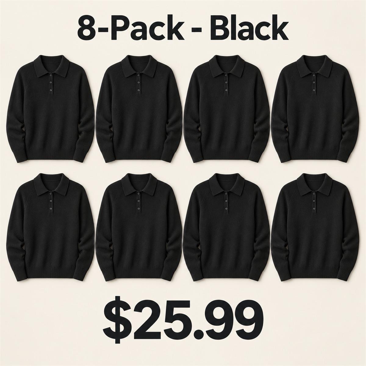8-Pack - Black Women's Long-Sleeve Knit Polo Sweater 8-Packs