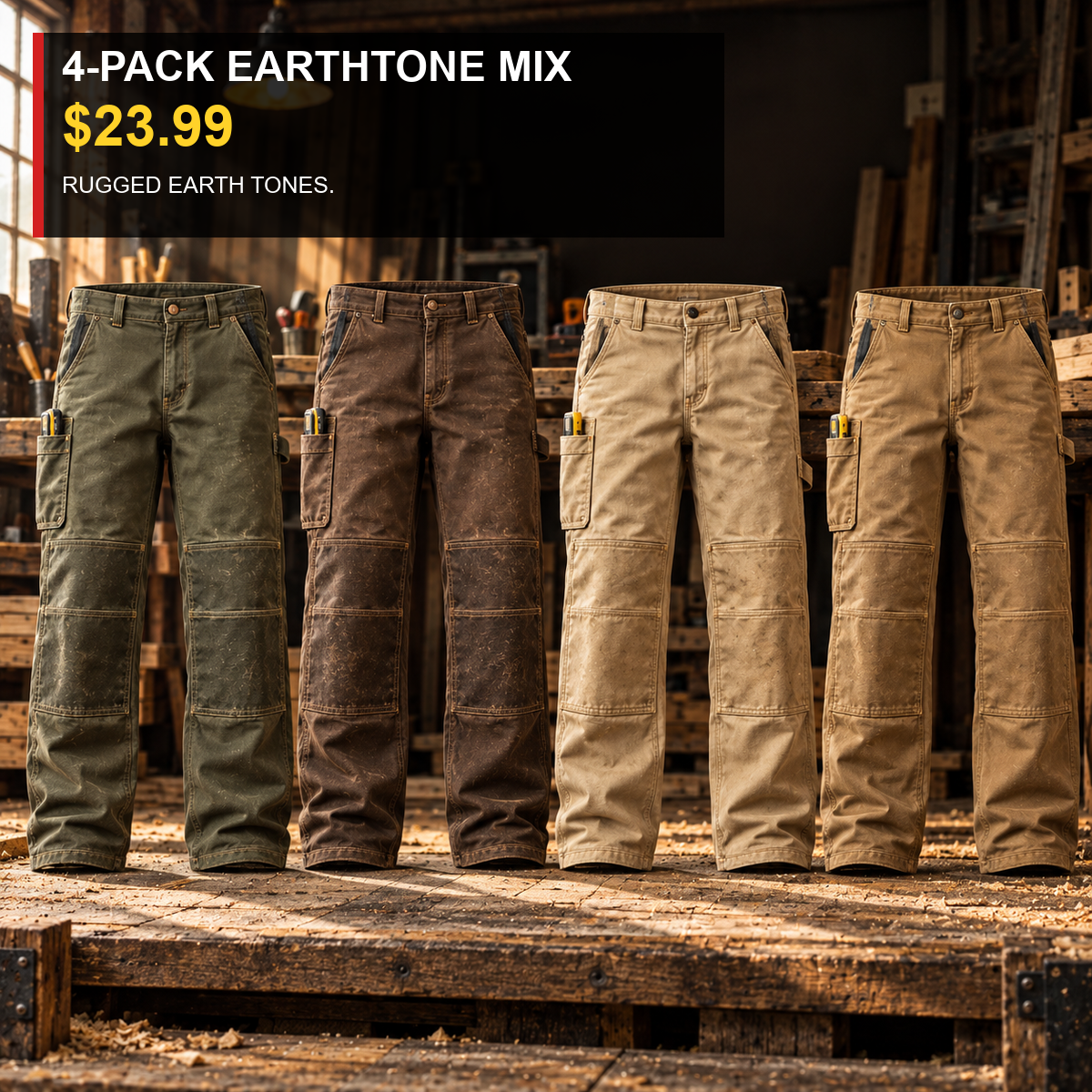 4-Pack - Rugged Earth Tones Men's Double-Knee Reinforced Work Pants Multipacks
