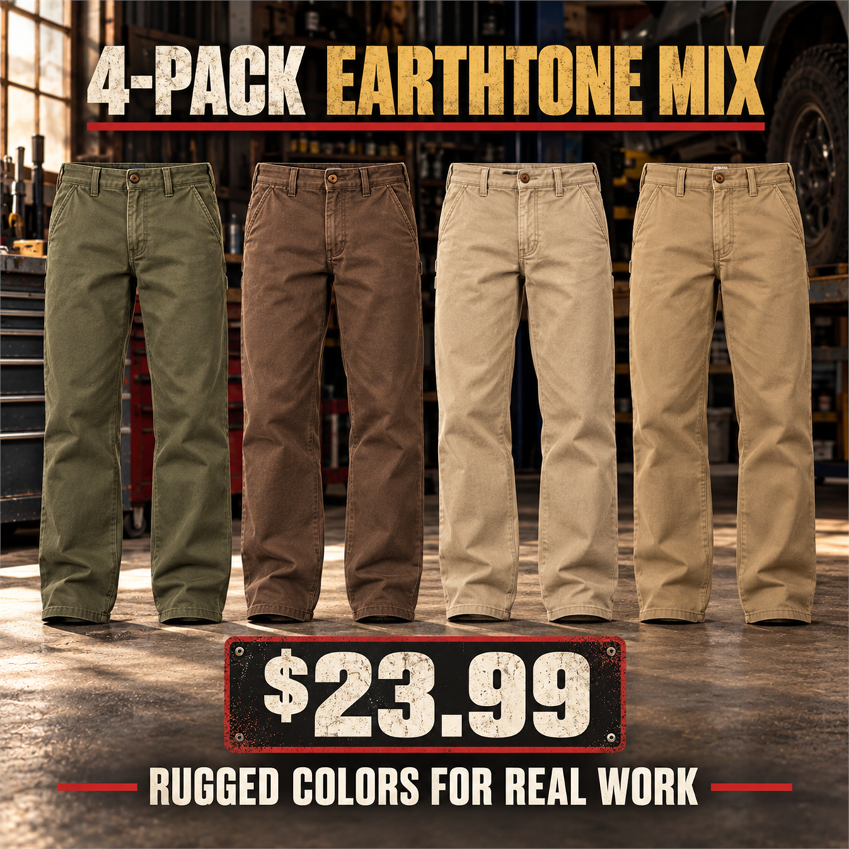 4-Pack - Workwear Tones Men's Relaxed Straight Cotton Work Pants Multipacks