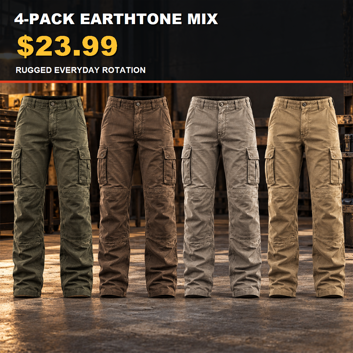 4-Pack - Jobsite Earth Tones Men's Stretch Ripstop Multi-Pocket Work Pants Multipacks