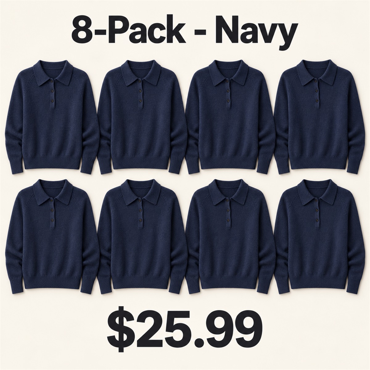 8-Pack - Navy Women's Long-Sleeve Knit Polo Sweater 8-Packs
