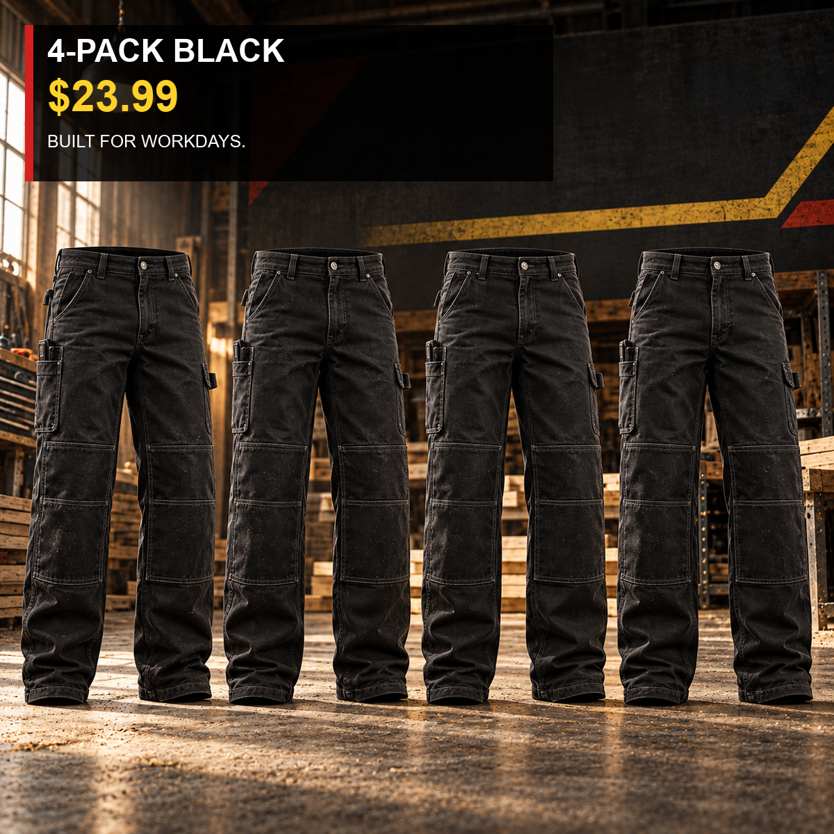 4-Pack - Black Men's Double-Knee Reinforced Work Pants Multipacks