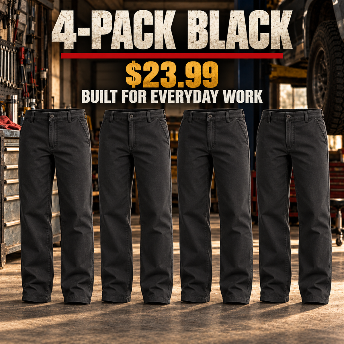 4-Pack - Black Men's Relaxed Straight Cotton Work Pants Multipacks