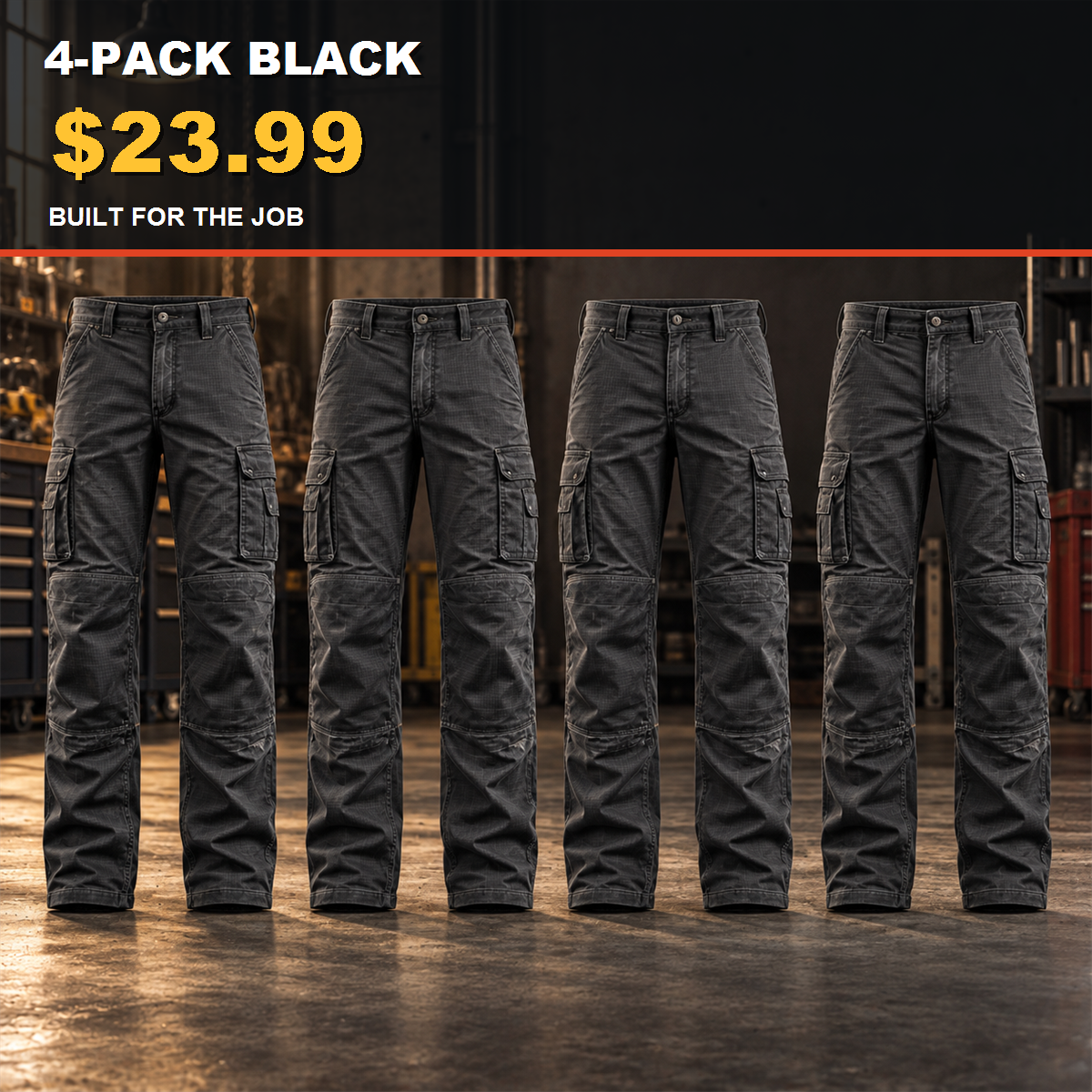 4-Pack - Black Men's Stretch Ripstop Multi-Pocket Work Pants Multipacks