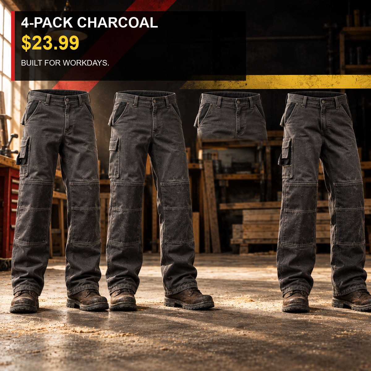 4-Pack - Charcoal Men's Double-Knee Reinforced Work Pants Multipacks