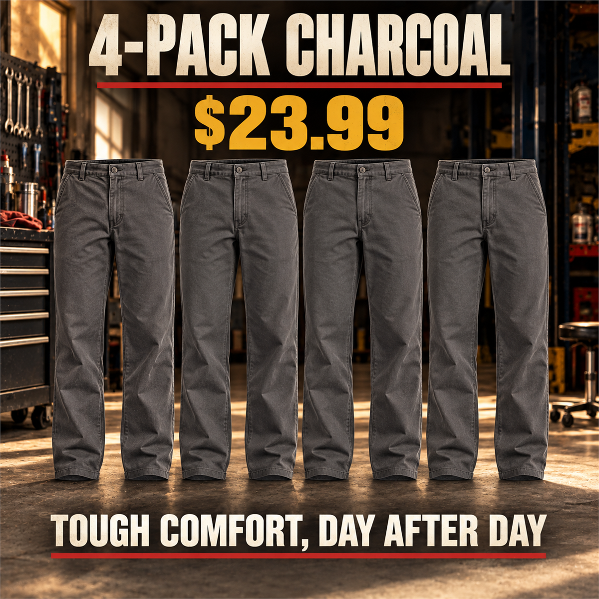4-Pack - Charcoal Men's Relaxed Straight Cotton Work Pants Multipacks