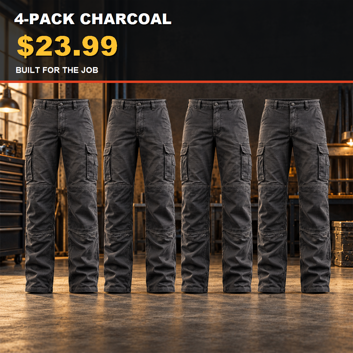 4-Pack - Charcoal Men's Stretch Ripstop Multi-Pocket Work Pants Multipacks