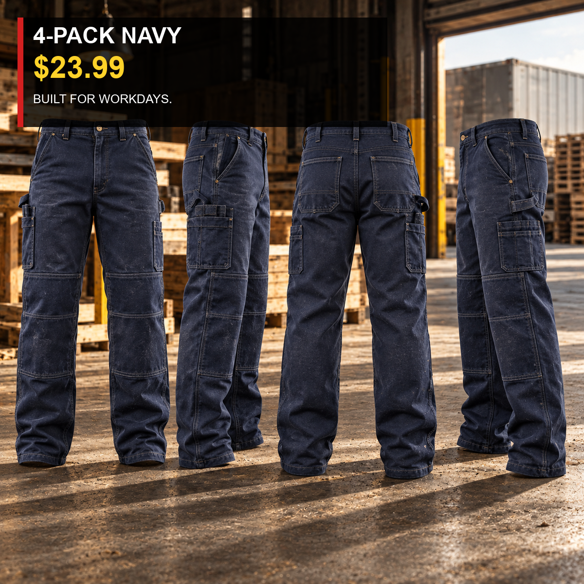 4-Pack - Navy Men's Double-Knee Reinforced Work Pants Multipacks