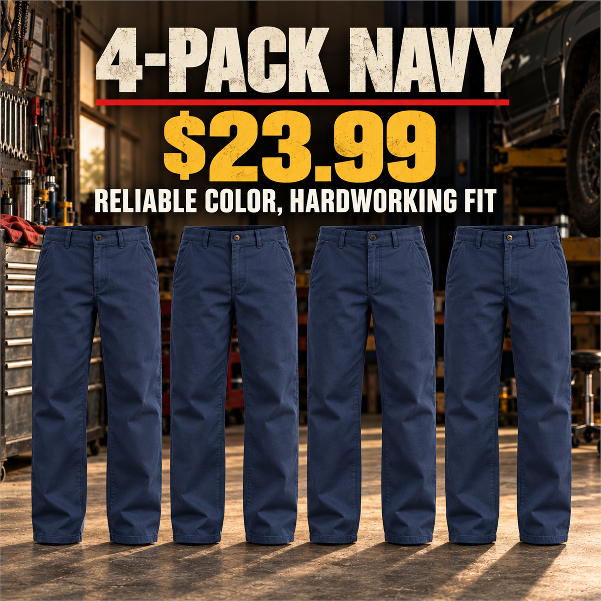 4-Pack - Navy Men's Relaxed Straight Cotton Work Pants Multipacks