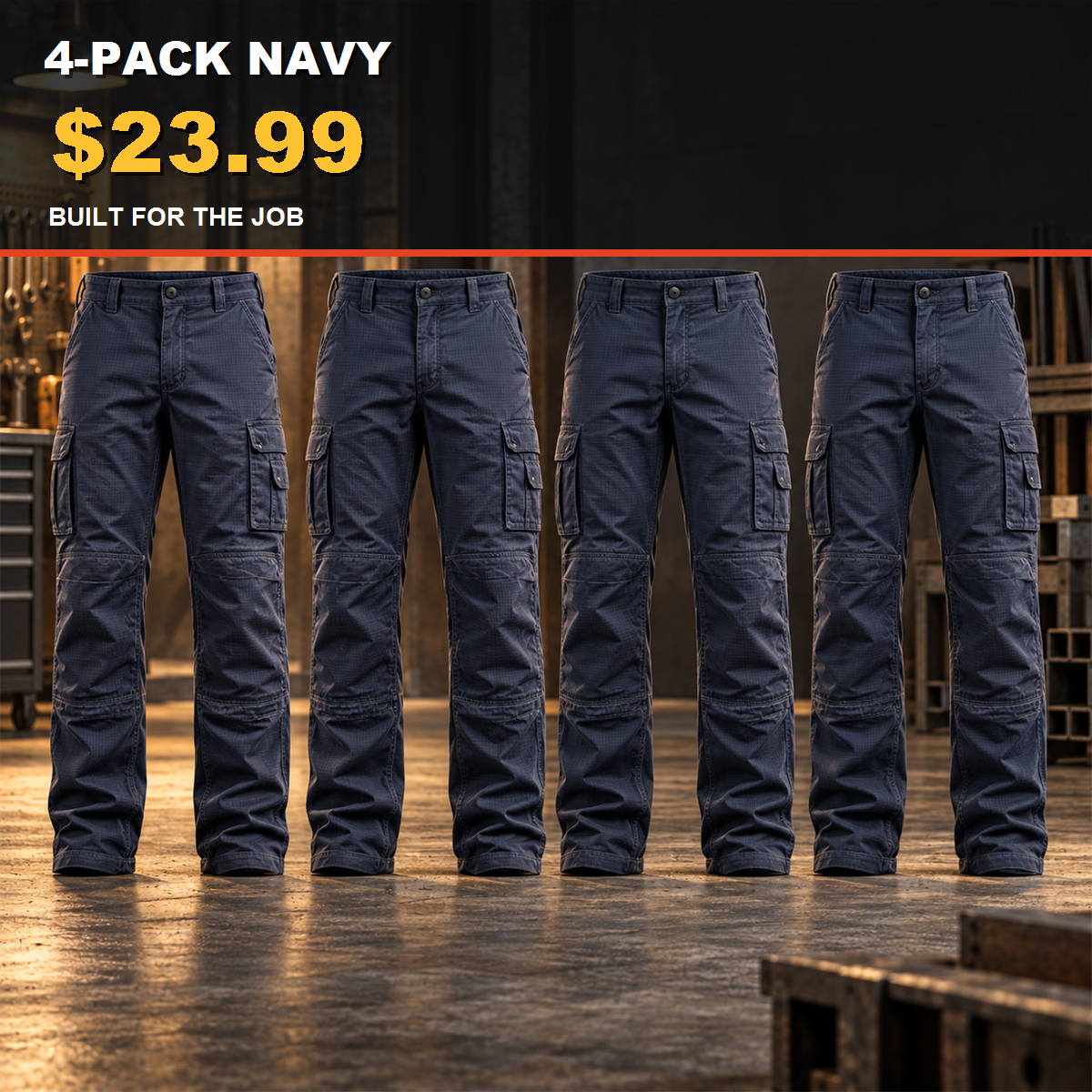 4-Pack - Navy Men's Stretch Ripstop Multi-Pocket Work Pants Multipacks