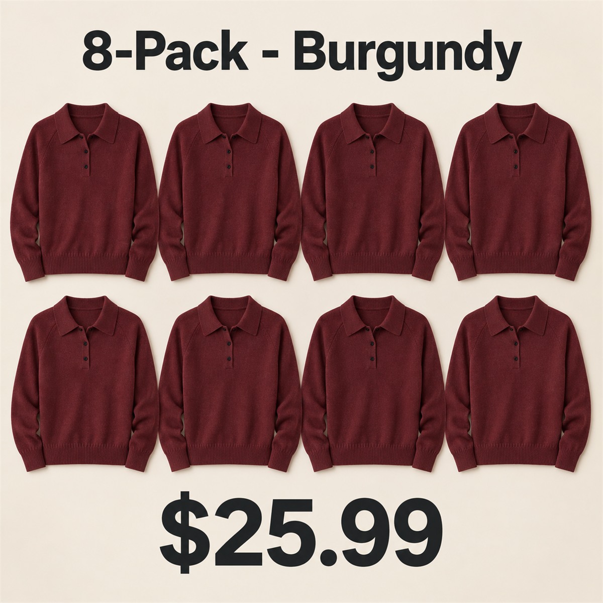 8-Pack - Burgundy Women's Long-Sleeve Knit Polo Sweater 8-Packs