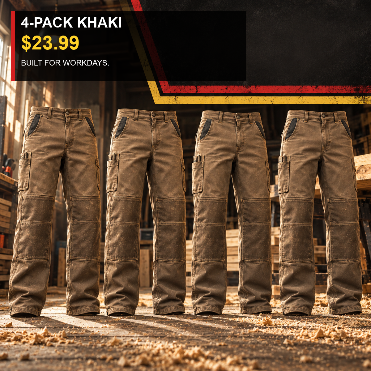 4-Pack - Khaki Men's Double-Knee Reinforced Work Pants Multipacks