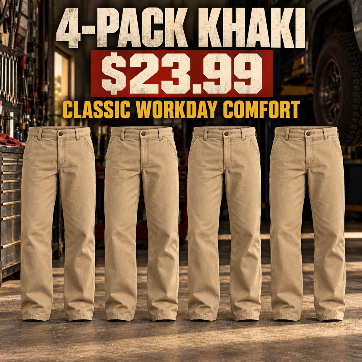 4-Pack - Khaki Men's Relaxed Straight Cotton Work Pants Multipacks