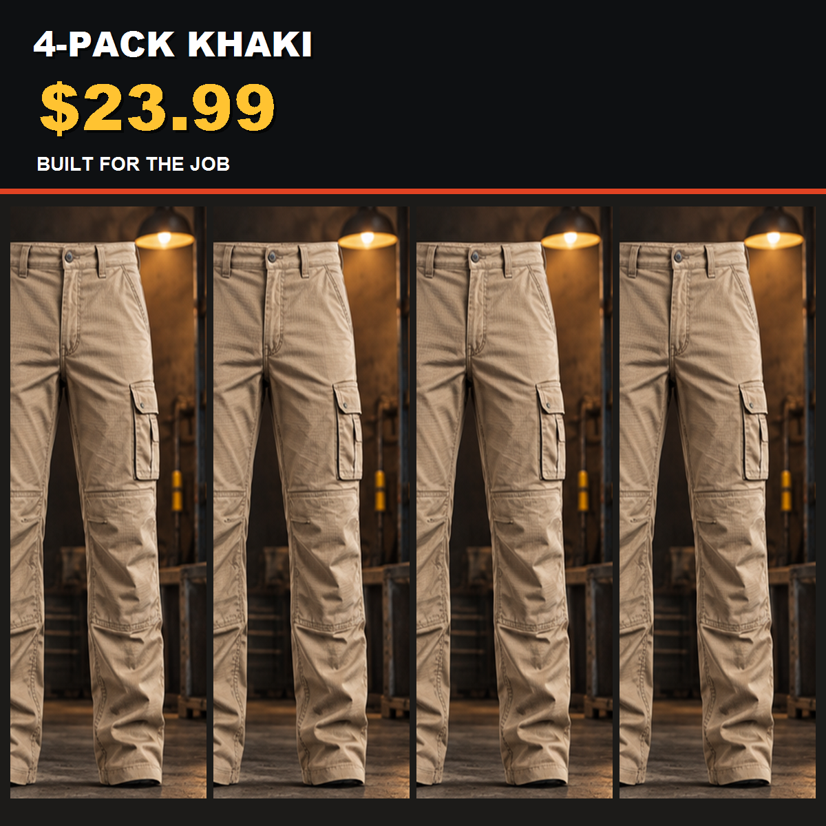 4-Pack - Khaki Men's Stretch Ripstop Multi-Pocket Work Pants Multipacks