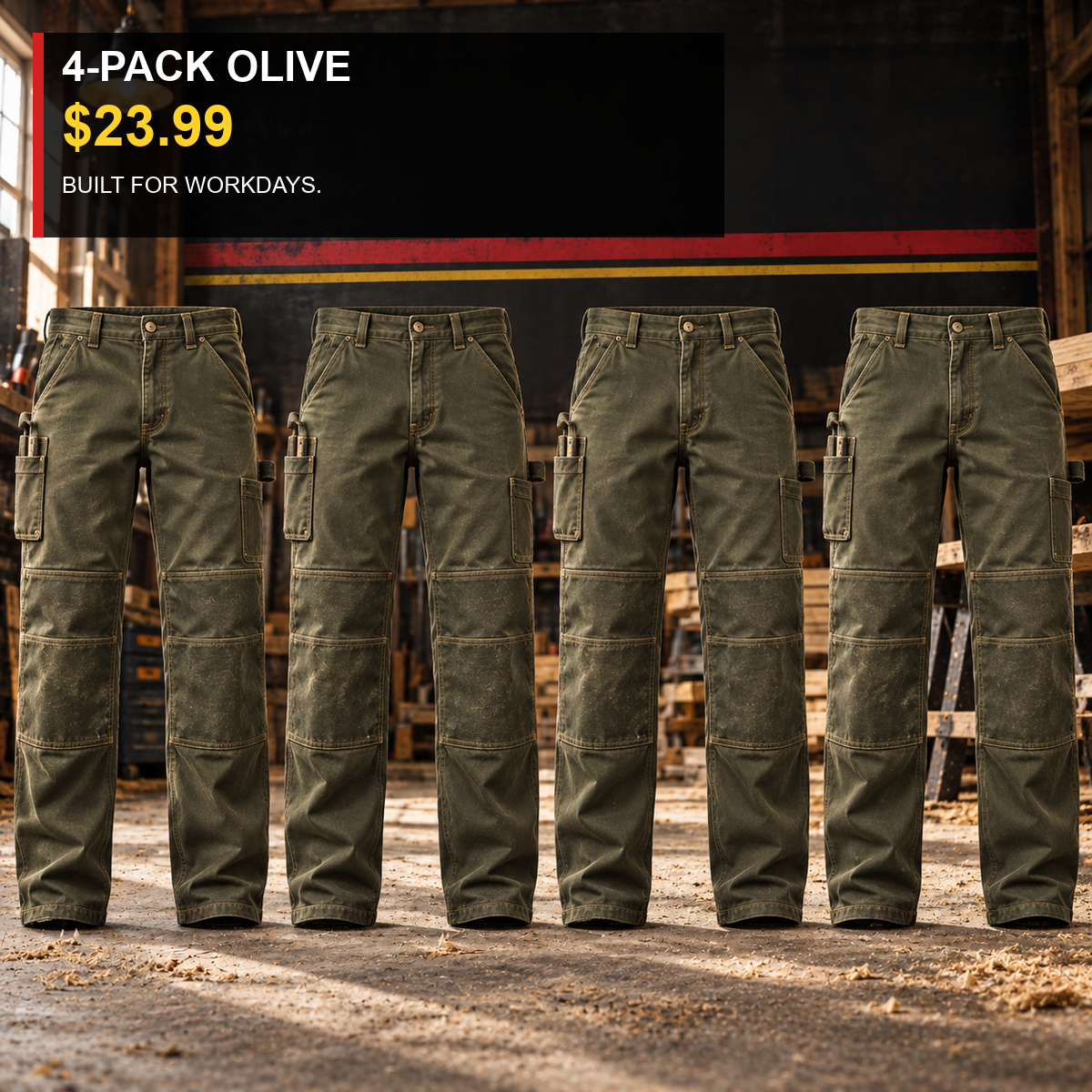 4-Pack - Olive Men's Double-Knee Reinforced Work Pants Multipacks