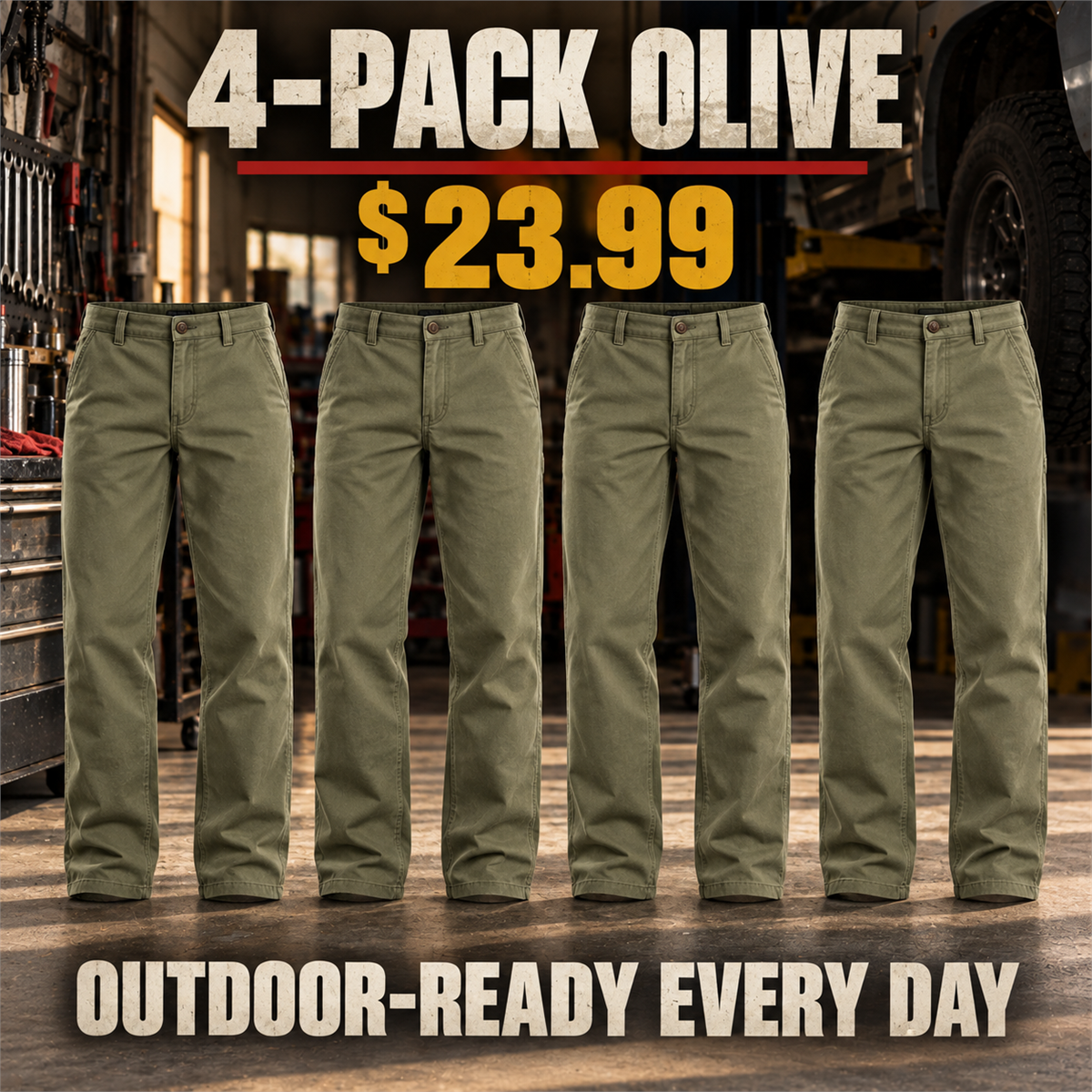 4-Pack - Olive Men's Relaxed Straight Cotton Work Pants Multipacks