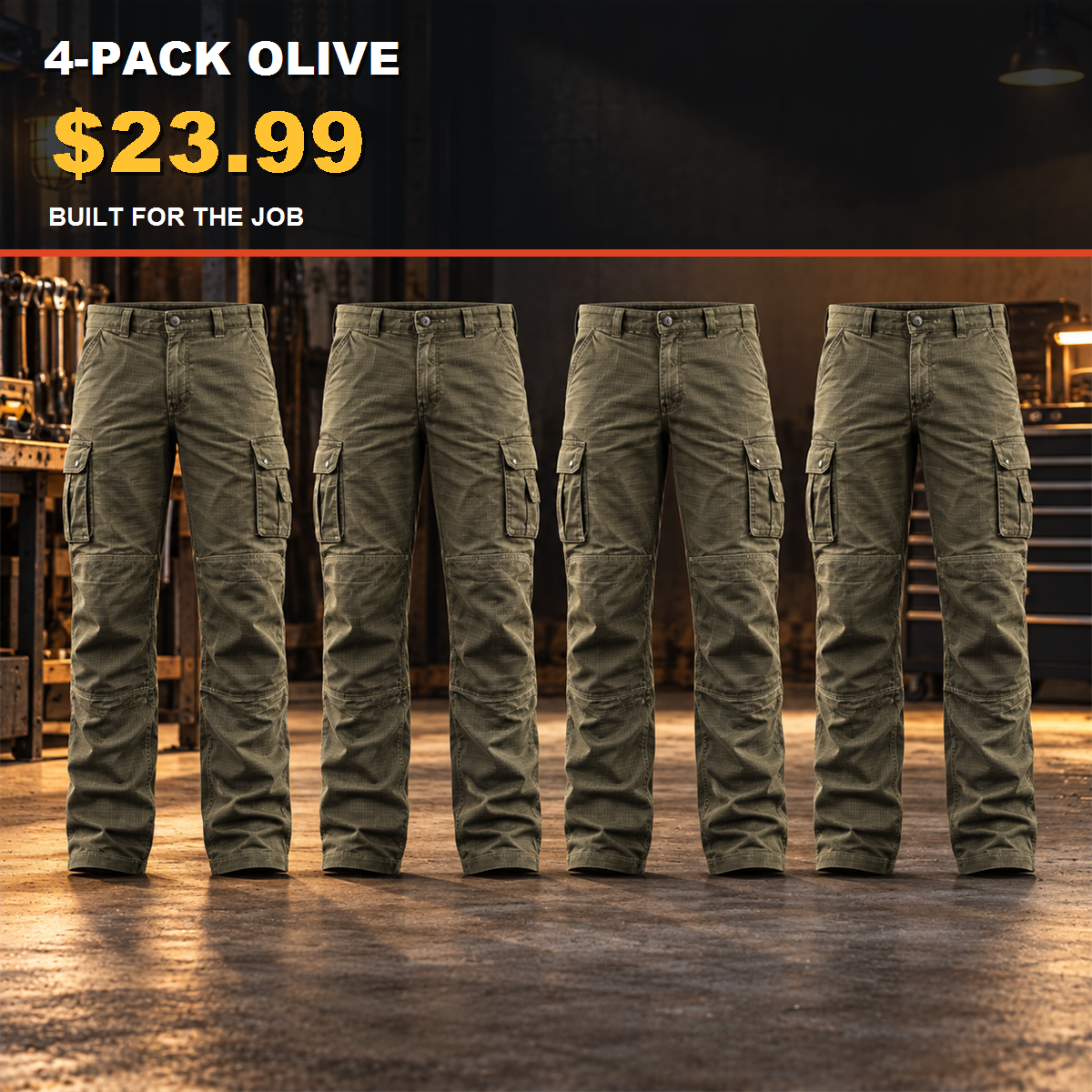 4-Pack - Olive Men's Stretch Ripstop Multi-Pocket Work Pants Multipacks