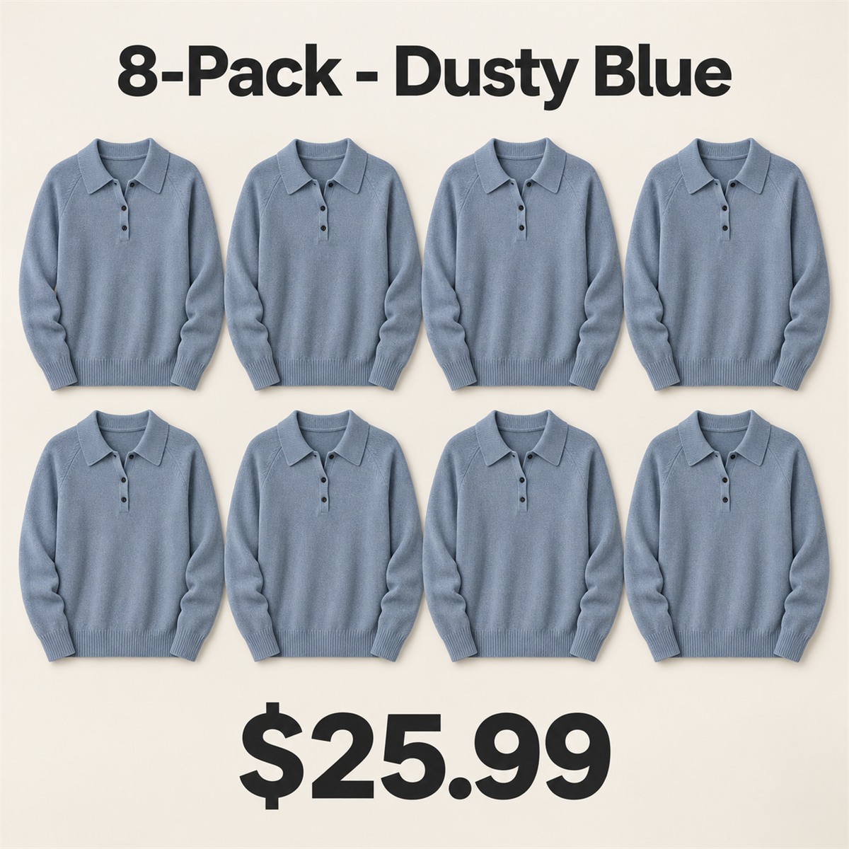 8-Pack - Dusty Blue Women's Long-Sleeve Knit Polo Sweater 8-Packs
