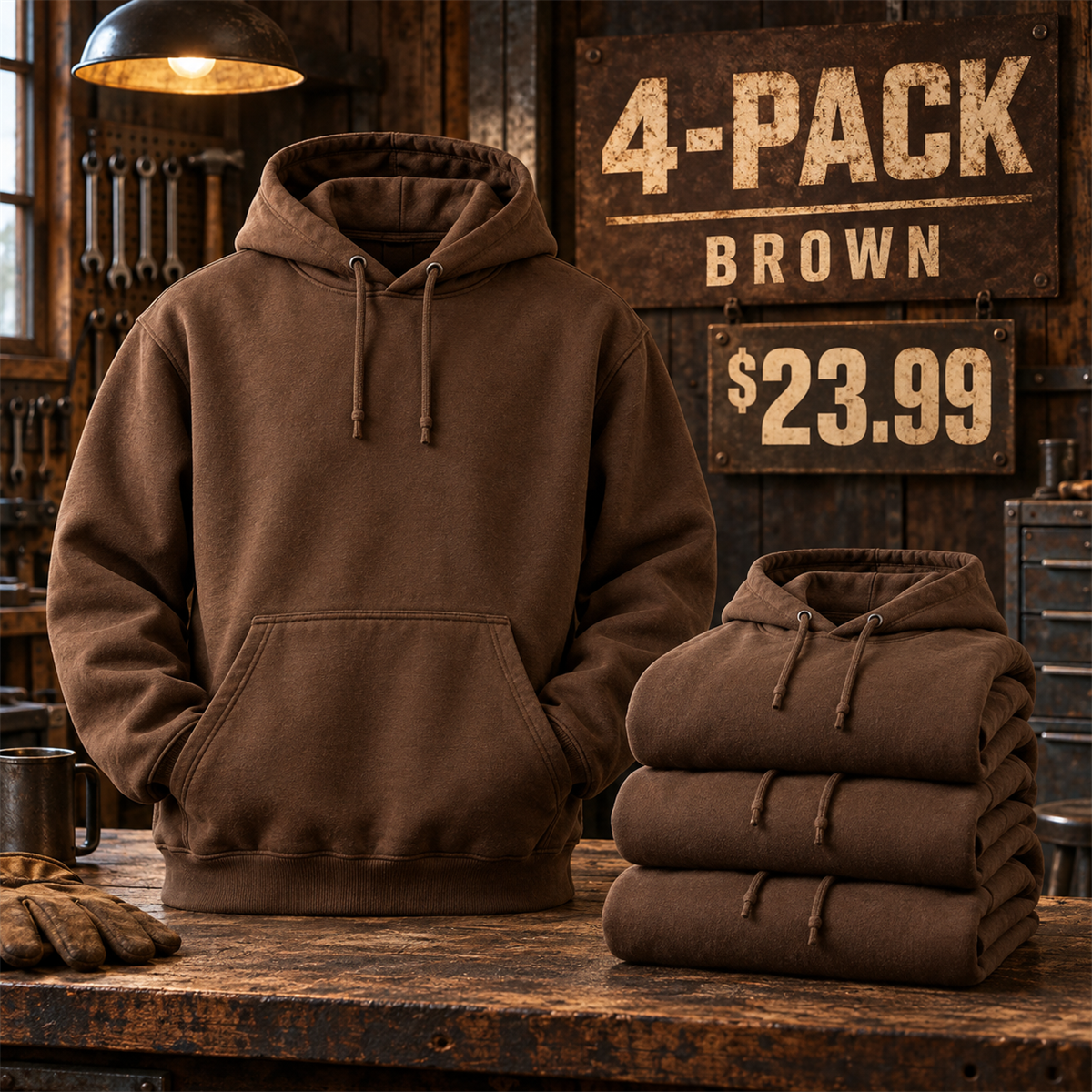 4-Pack - Brown Men's Heavyweight Work Hoodie Multipacks