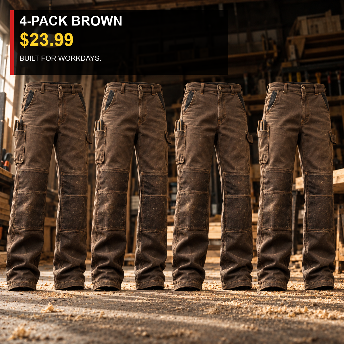 4-Pack - Brown Men's Double-Knee Reinforced Work Pants Multipacks