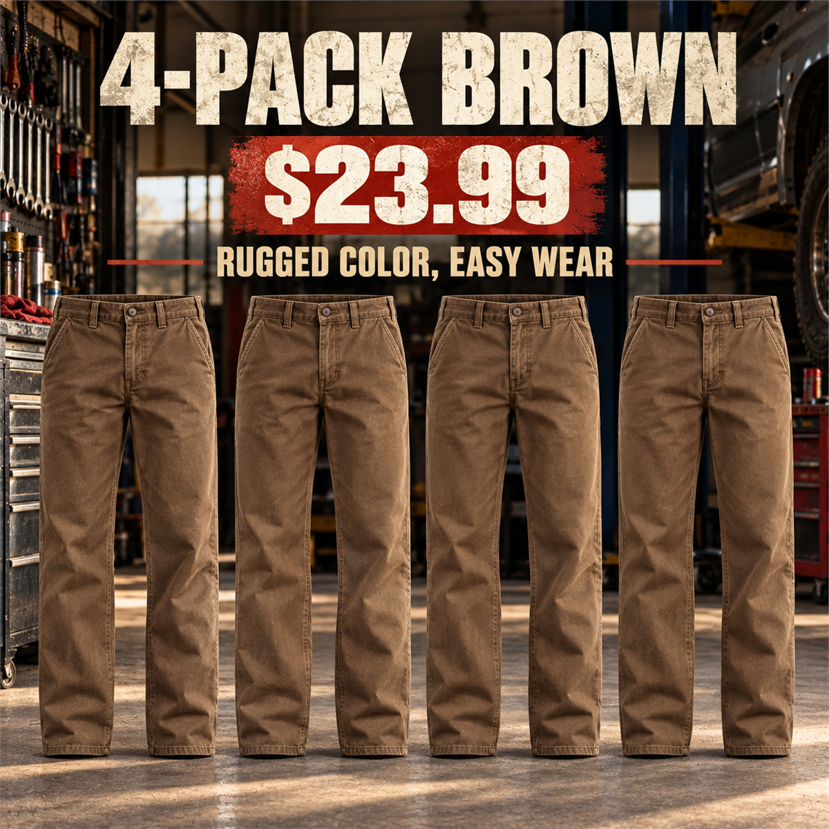 4-Pack - Brown Men's Relaxed Straight Cotton Work Pants Multipacks