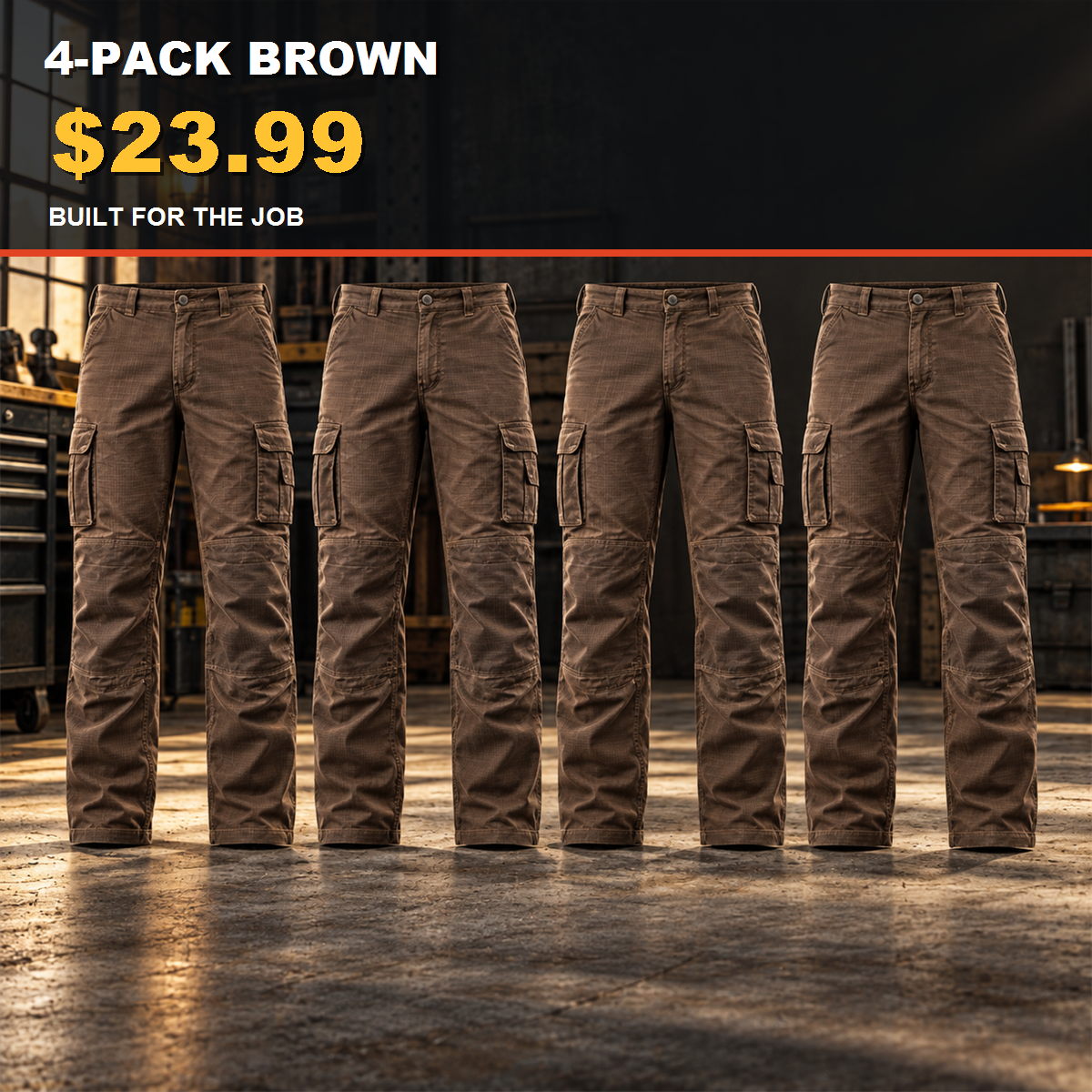 4-Pack - Brown Men's Stretch Ripstop Multi-Pocket Work Pants Multipacks