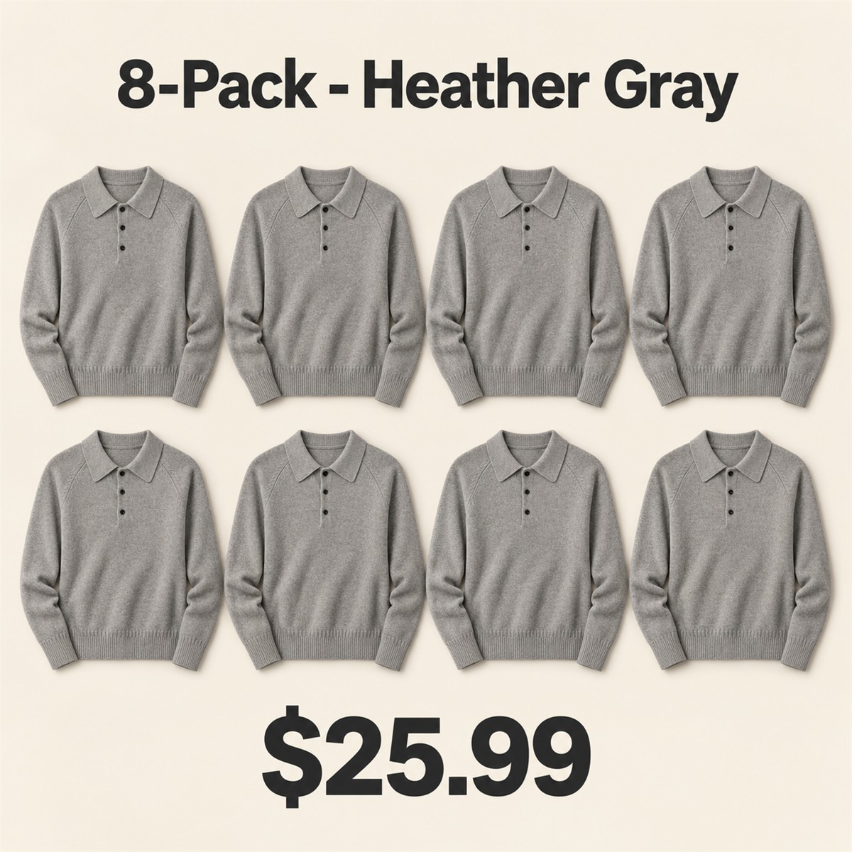 8-Pack - Heather Gray Women's Long-Sleeve Knit Polo Sweater 8-Packs