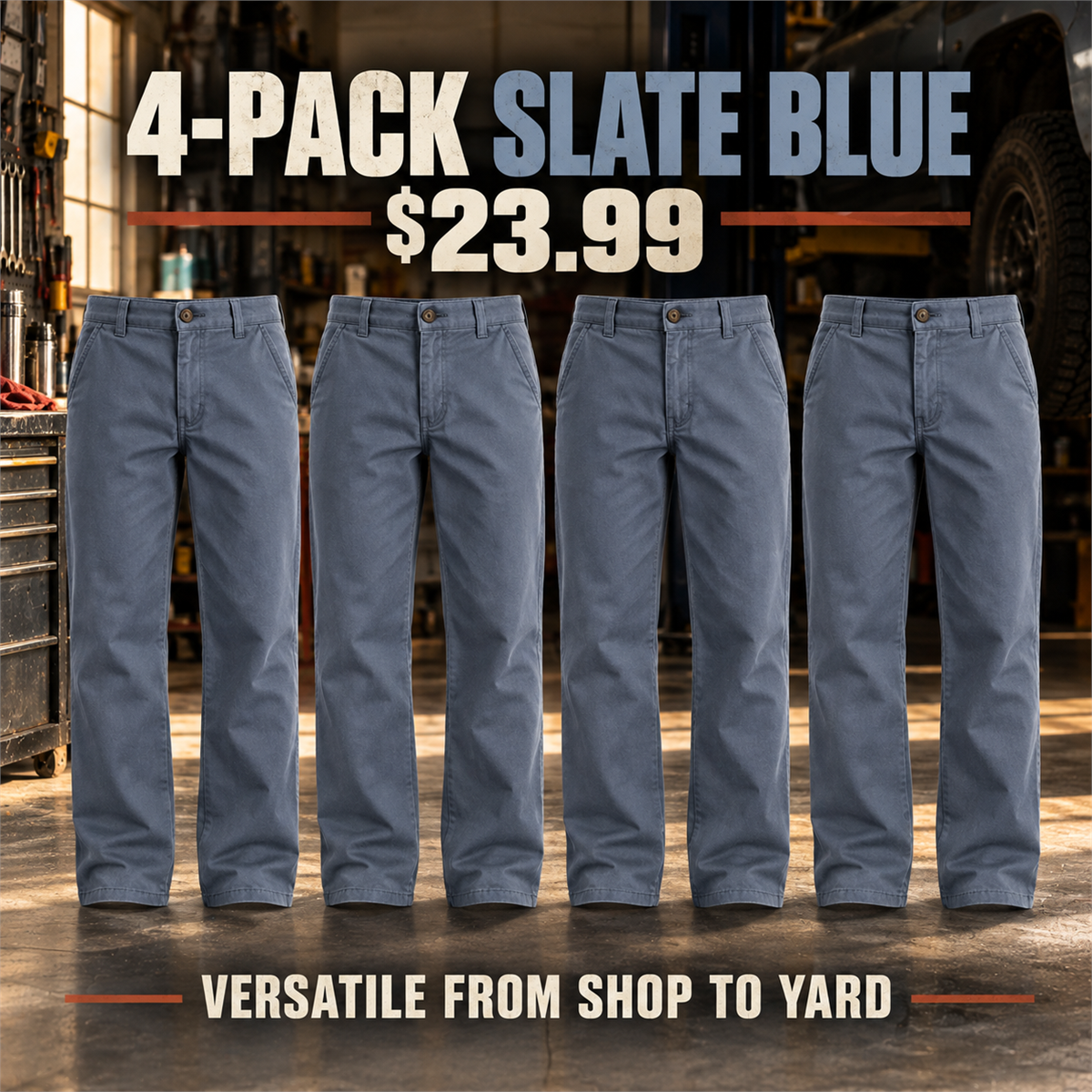 4-Pack - Steel Blue Men's Relaxed Straight Cotton Work Pants Multipacks