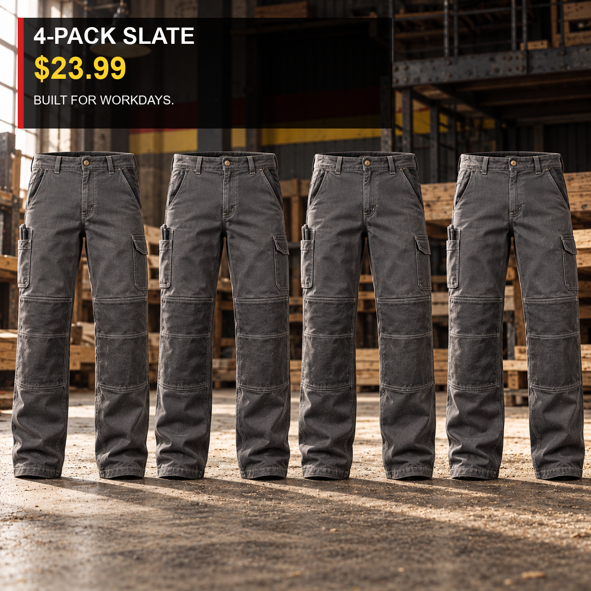 4-Pack - Steel Blue Men's Double-Knee Reinforced Work Pants Multipacks