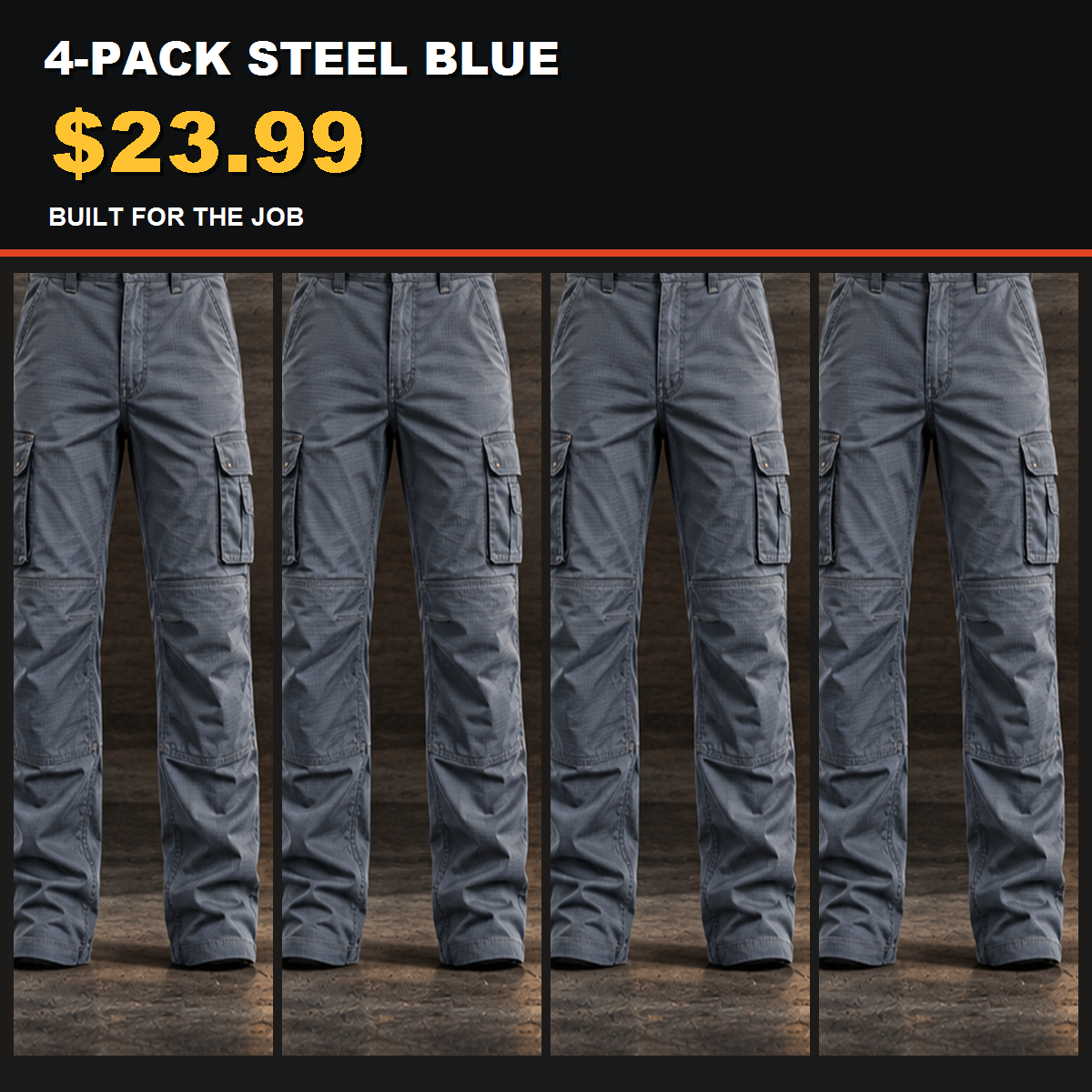 4-Pack - Steel Blue Men's Stretch Ripstop Multi-Pocket Work Pants Multipacks