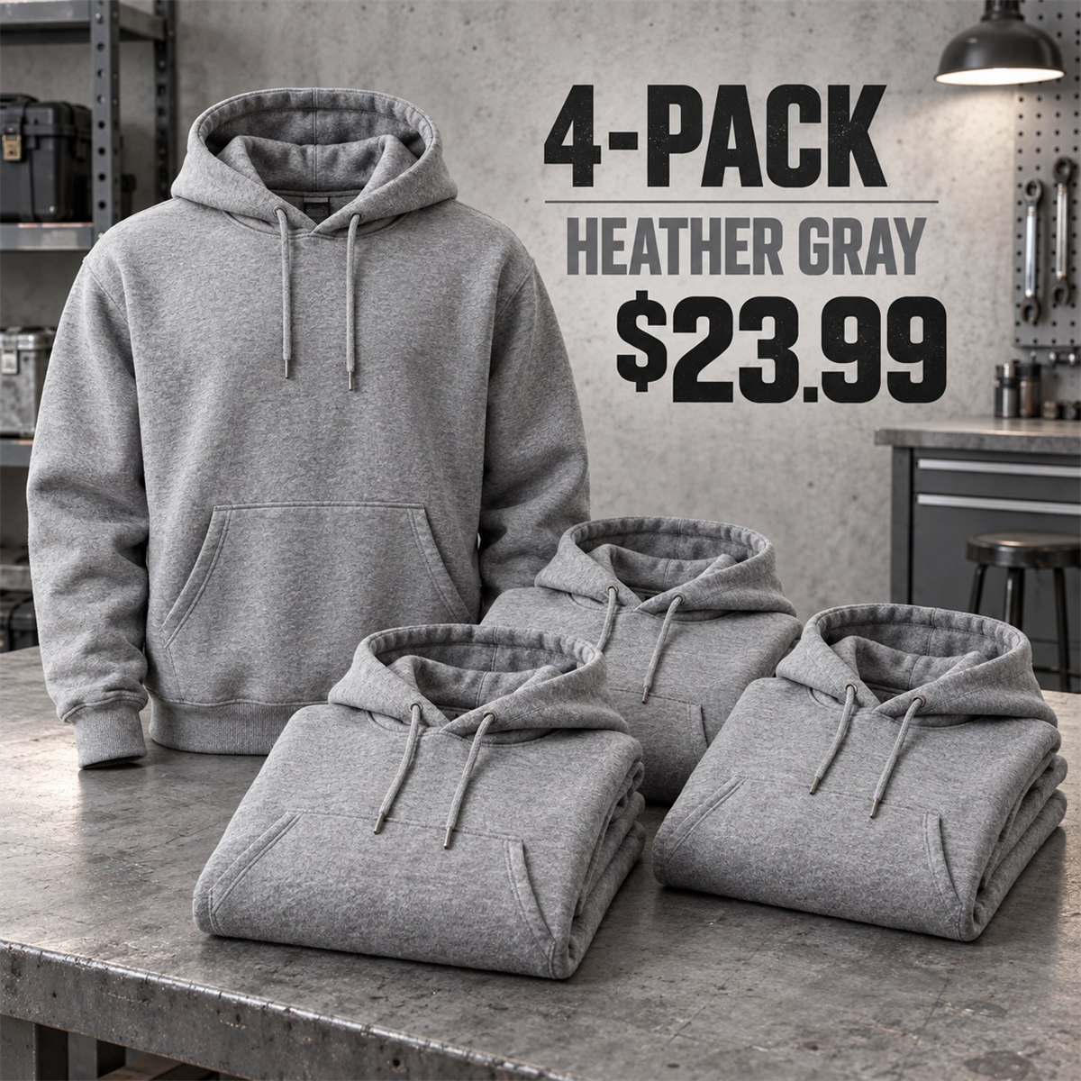 4-Pack - Heather Gray Men's Heavyweight Work Hoodie Multipacks