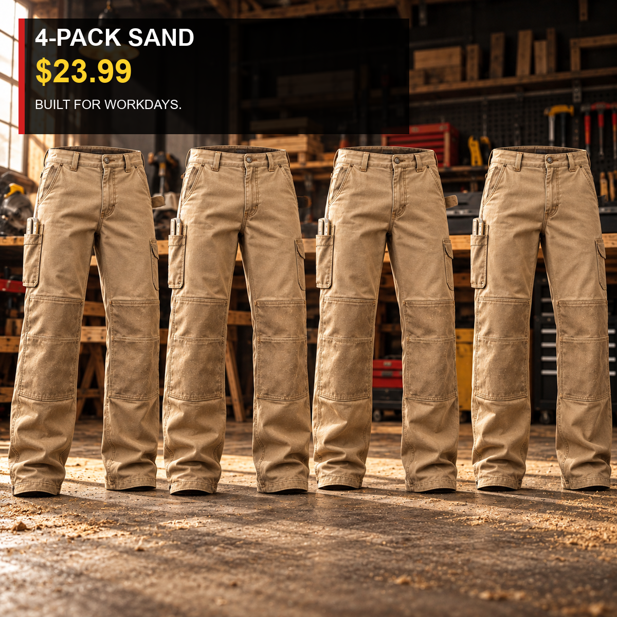 4-Pack - Stone Men's Double-Knee Reinforced Work Pants Multipacks