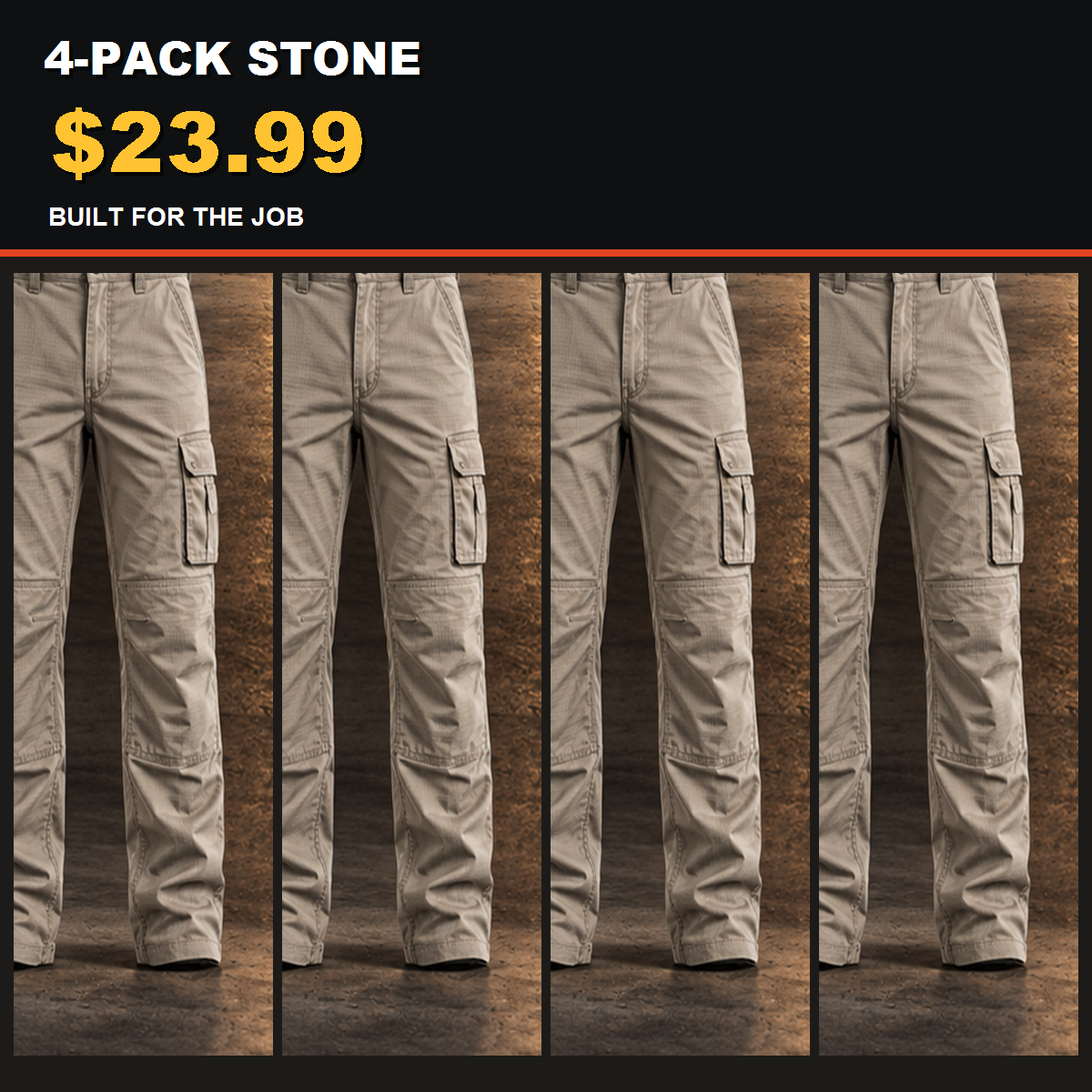4-Pack - Stone Men's Stretch Ripstop Multi-Pocket Work Pants Multipacks