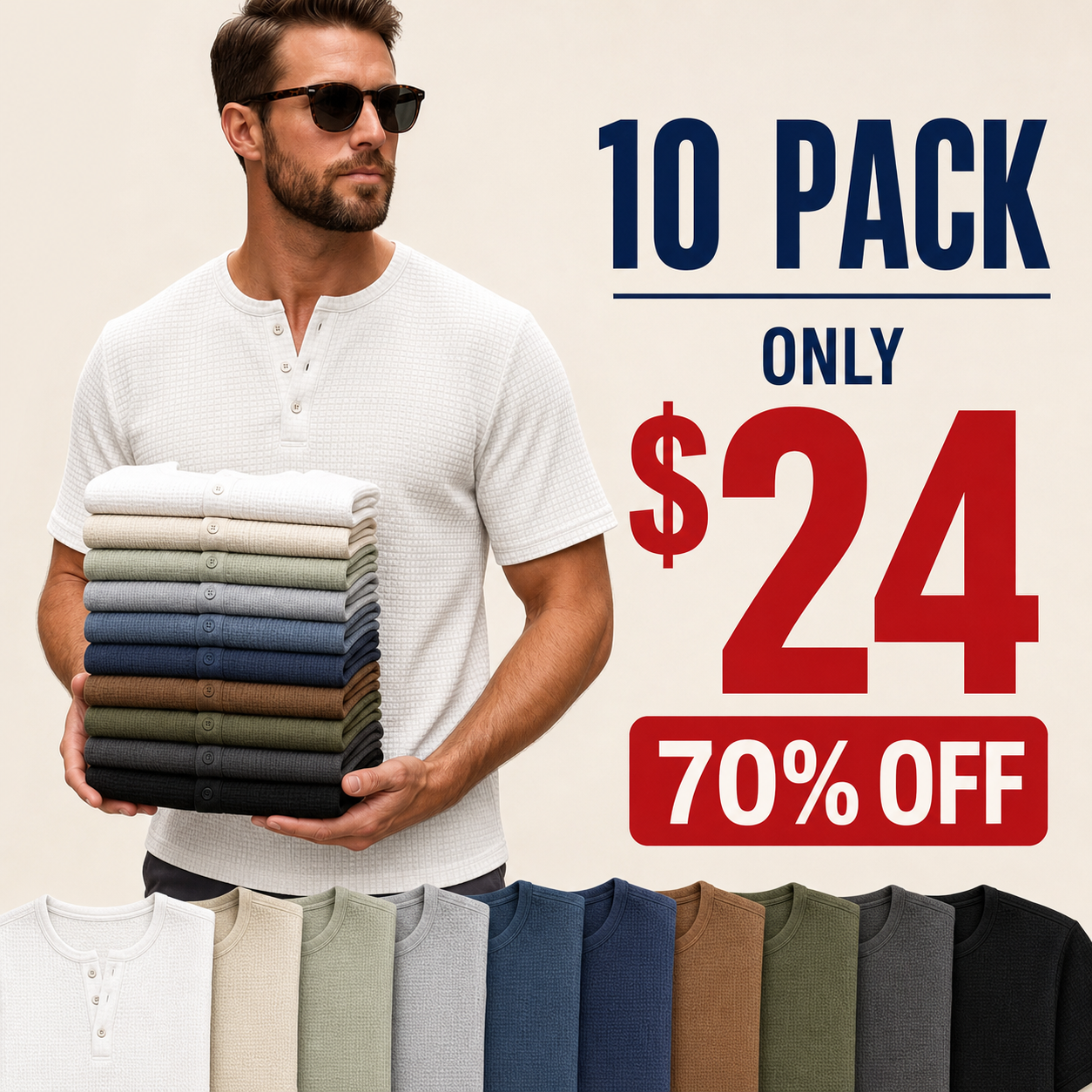 10 pack only 24 dollars men's waffle knit short sleeve henley tee