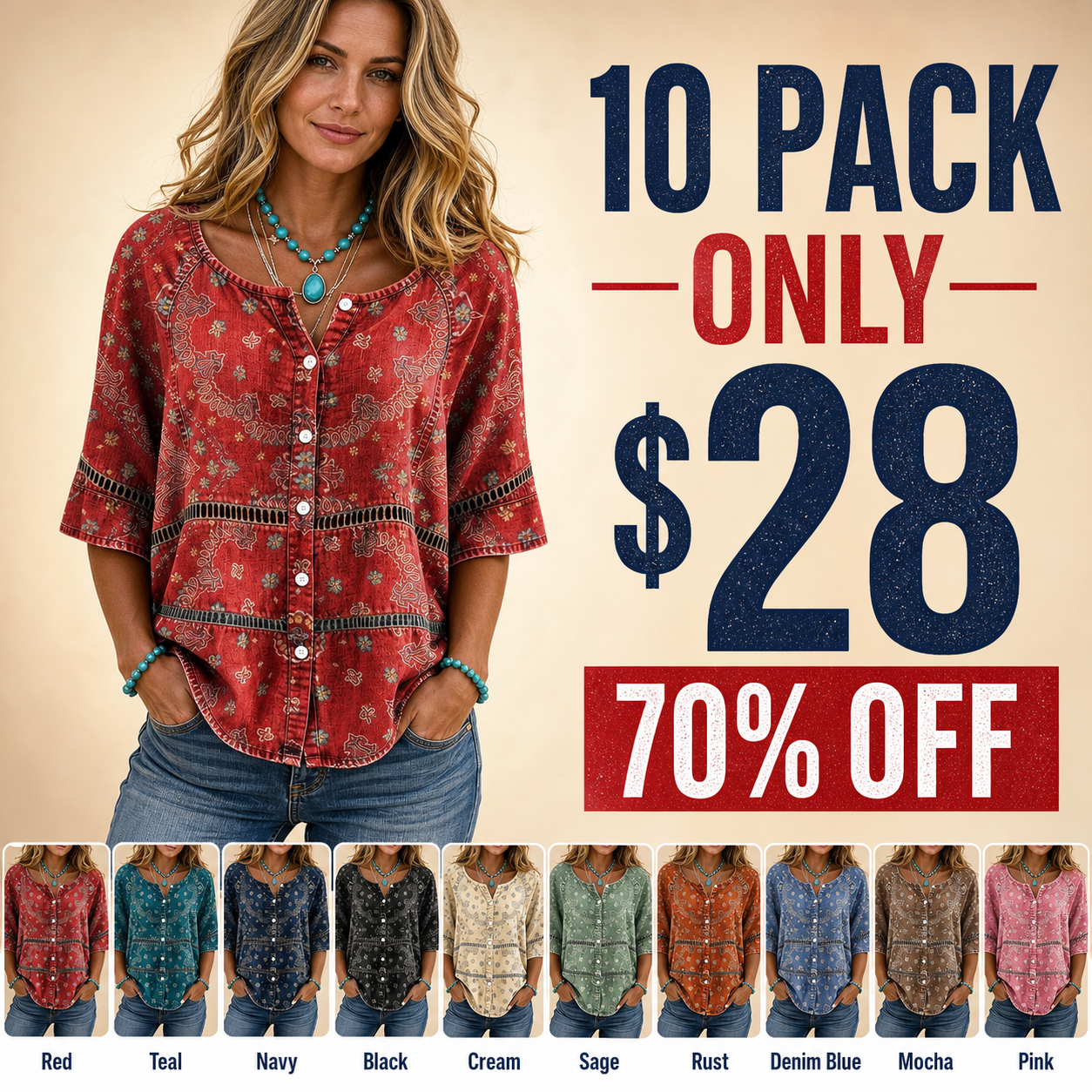 10 pack only 28 dollars women's western boho paisley button top
