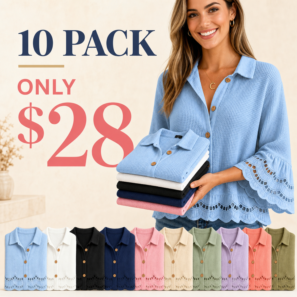 10 pack only 28 dollars women's lace trim button blouse