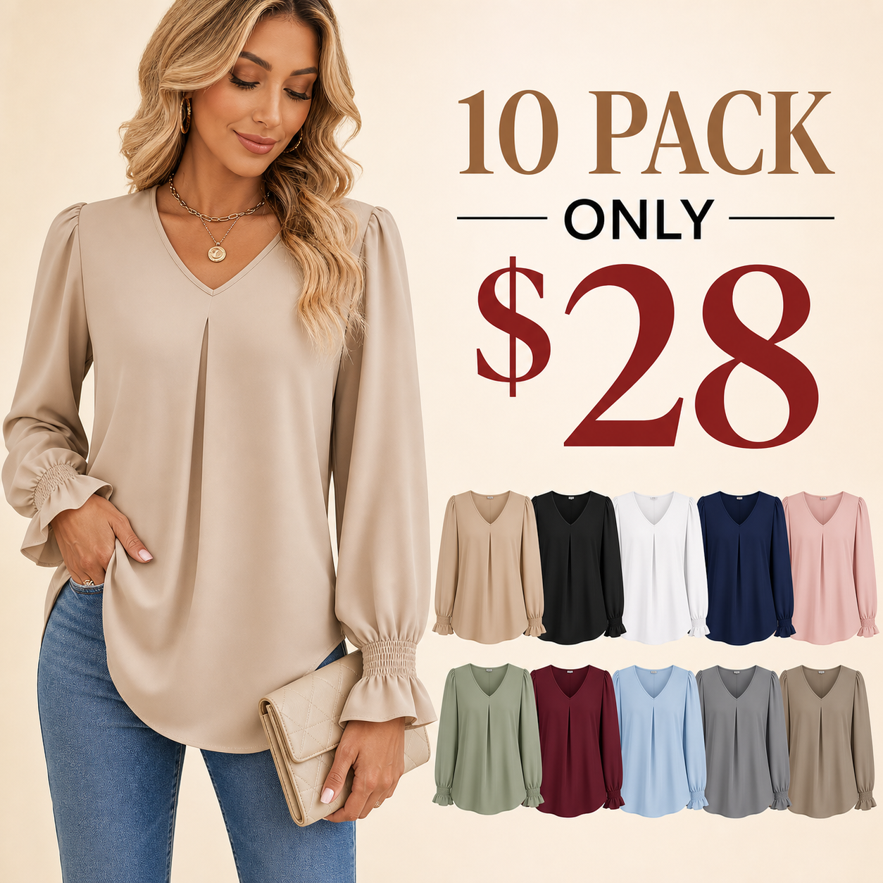 10 pack only 28 dollars women's V-neck pleated sleeve blouse