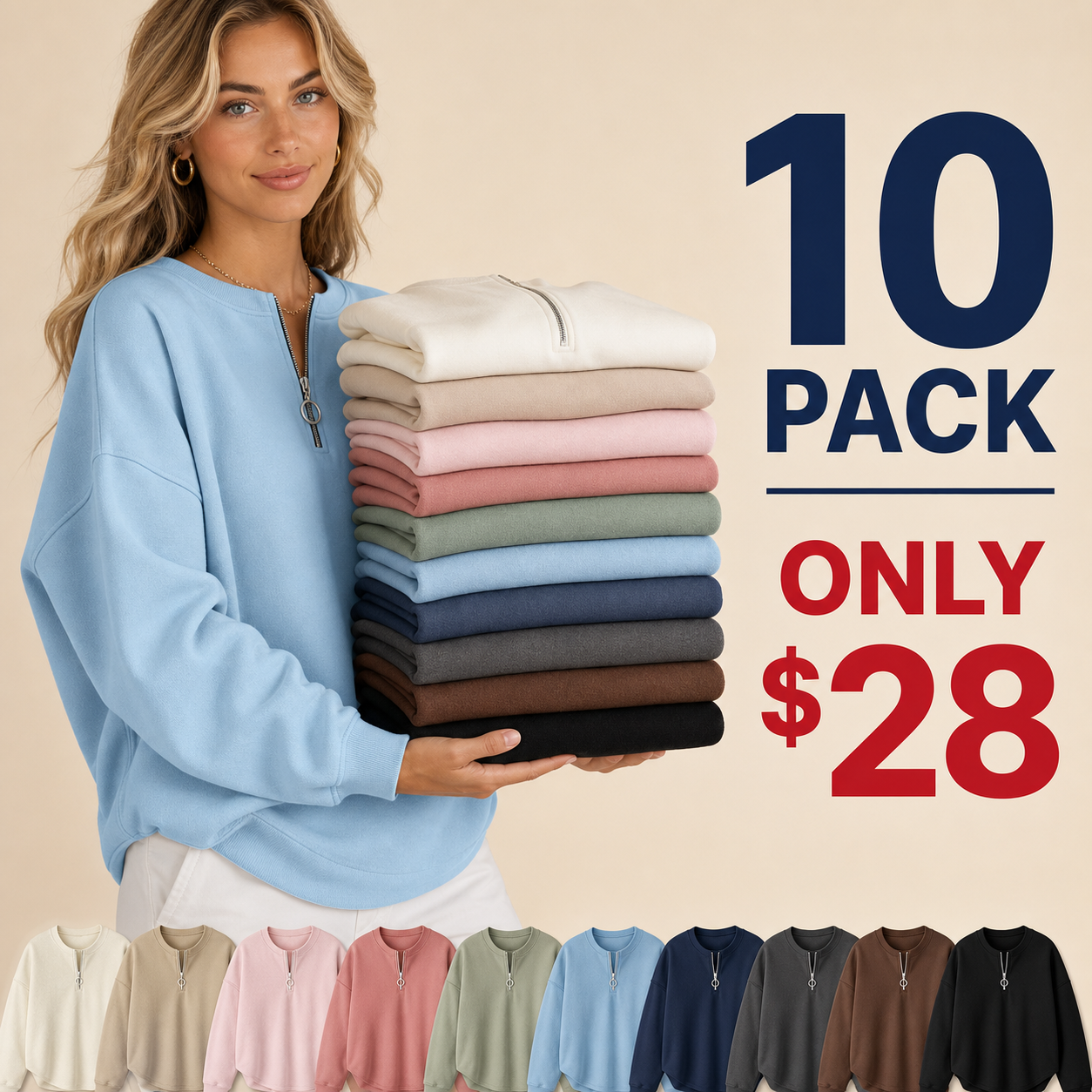 10 pack only 28 dollars women's oversized half zip pullover