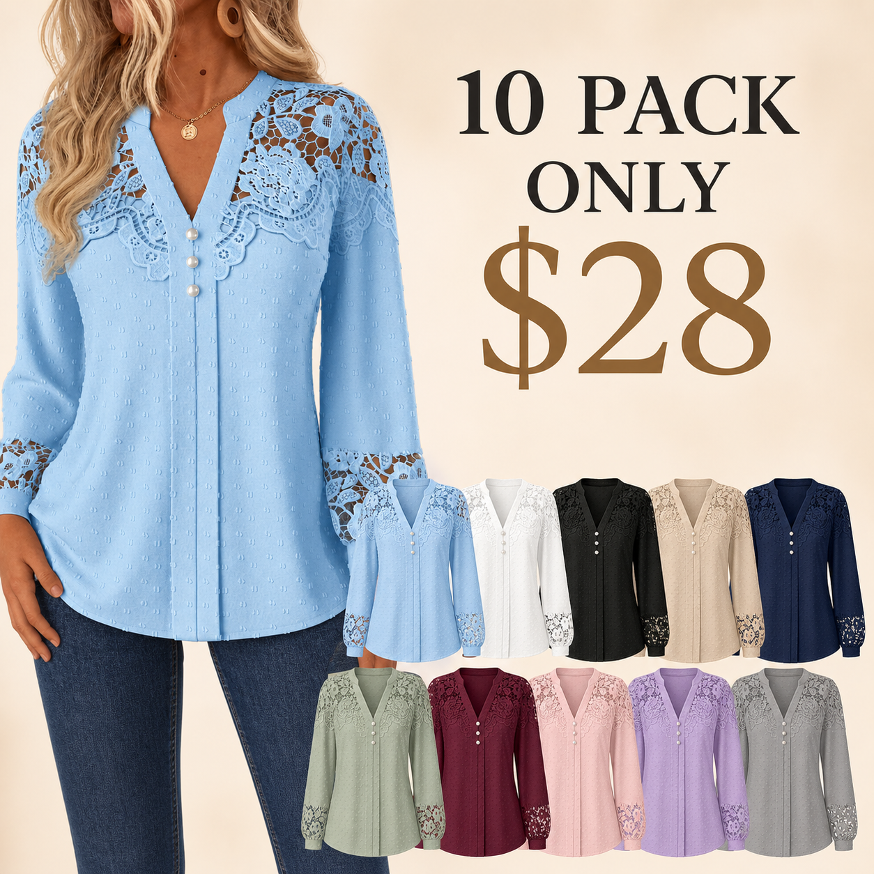 10 pack only 28 dollars women's lace panel Swiss dot blouse